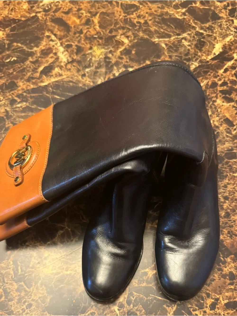 Micheal Kors Black and Tan Leather Fold-Over Boots-size 7